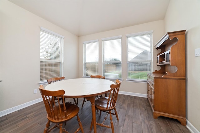 dining space featuring vaulted ceiling, a healthy amount of sunlight, and dark hardwood / wood-style flooring