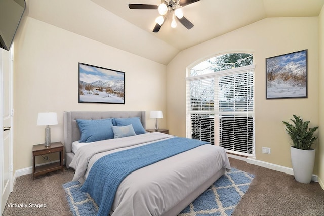 bedroom with carpet floors, lofted ceiling, ceiling fan, and baseboards