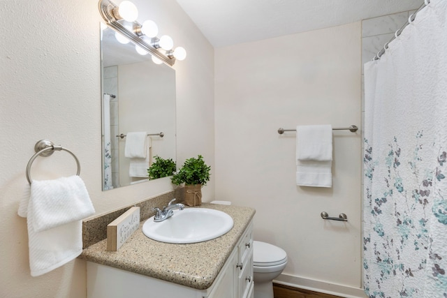 bathroom featuring vanity, toilet, and a shower with shower curtain