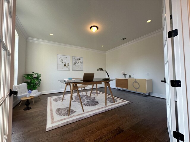 office with ornamental molding and dark hardwood / wood-style flooring