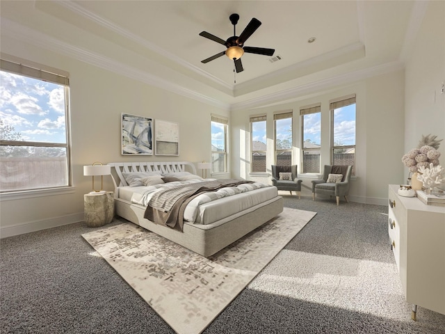 bedroom with crown molding, ceiling fan, and a raised ceiling