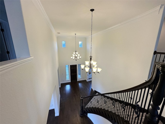 foyer entrance with ornamental molding, dark hardwood / wood-style flooring, a chandelier, and a high ceiling