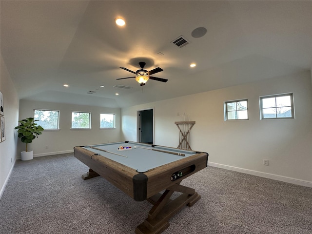 playroom with carpet floors, ceiling fan, and billiards