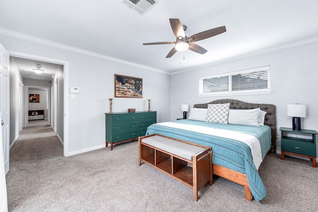 bedroom featuring light carpet, ornamental molding, and ceiling fan