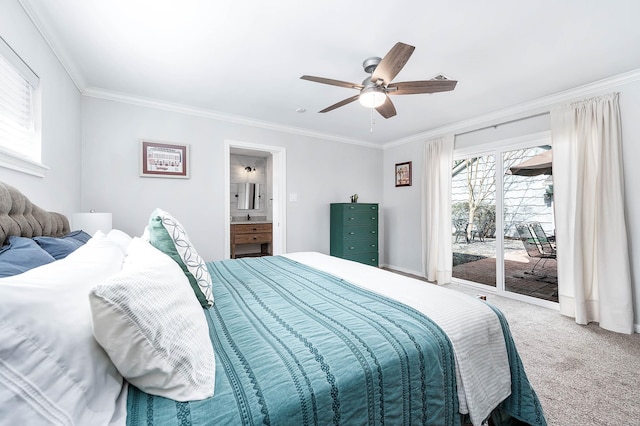 carpeted bedroom with connected bathroom, access to outside, ornamental molding, and ceiling fan