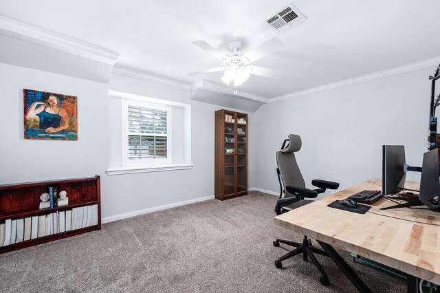 office area featuring ornamental molding, ceiling fan, and carpet flooring