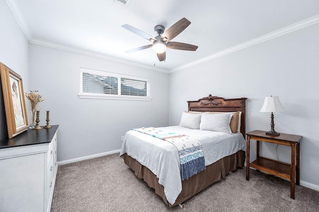 bedroom featuring ornamental molding, light carpet, and ceiling fan