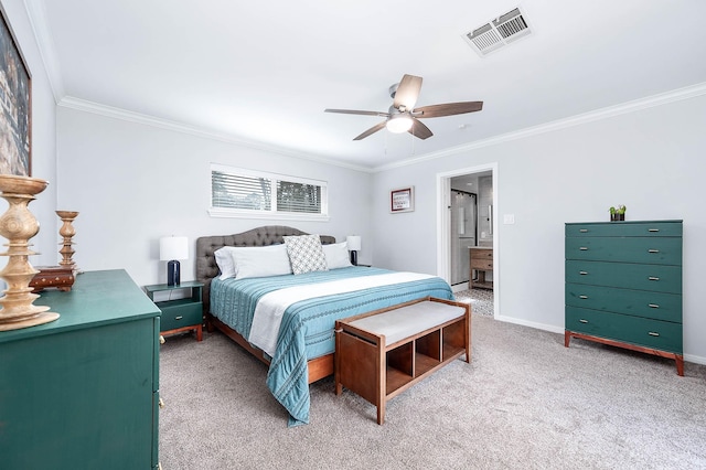 carpeted bedroom featuring ornamental molding and ceiling fan