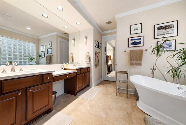 bathroom with vanity, a tub, and ornamental molding