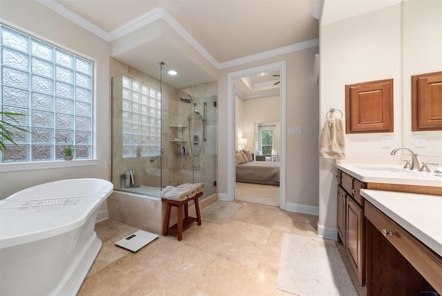 bathroom with crown molding, vanity, and plus walk in shower