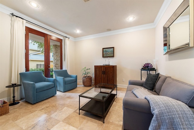 living room with ornamental molding and french doors