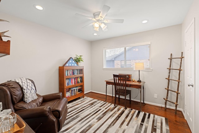 office area featuring wood-type flooring and ceiling fan