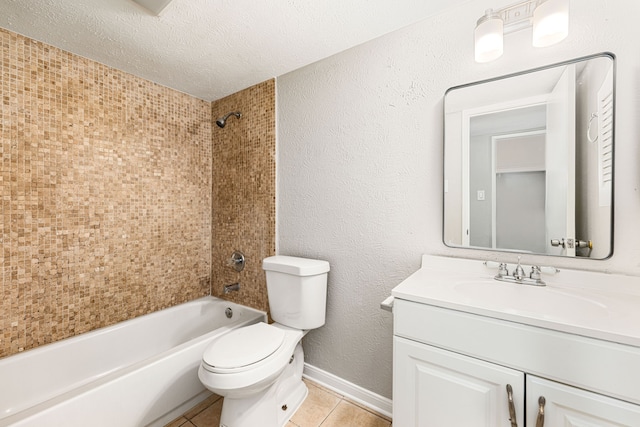 full bathroom featuring tiled shower / bath combo, vanity, a textured ceiling, tile patterned floors, and toilet