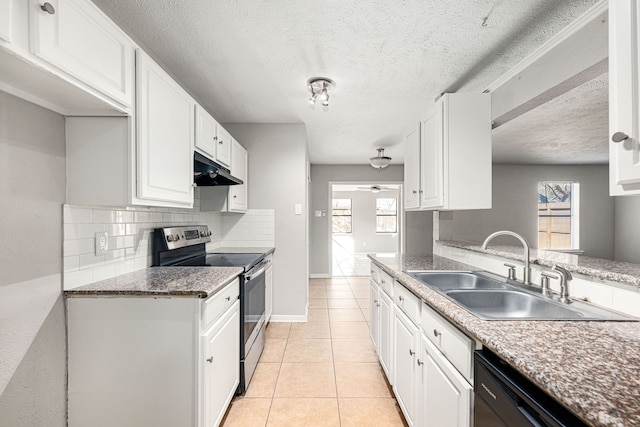 kitchen with white cabinetry, stainless steel range with electric stovetop, light tile patterned flooring, and sink