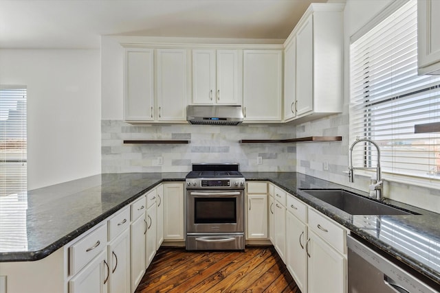 kitchen featuring appliances with stainless steel finishes, dark wood-style flooring, a peninsula, under cabinet range hood, and a sink