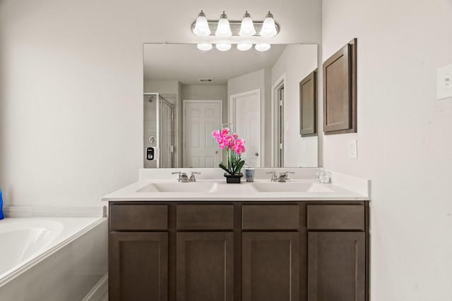 bathroom featuring vanity and separate shower and tub