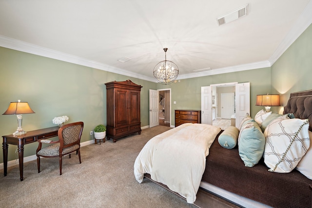 carpeted bedroom featuring an inviting chandelier, ensuite bath, and crown molding