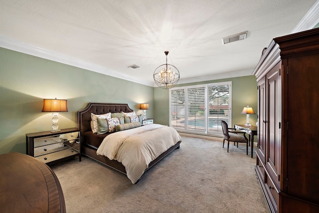 bedroom with an inviting chandelier, crown molding, light colored carpet, and a textured ceiling