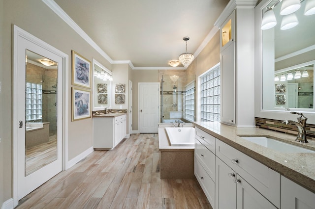 bathroom featuring ornamental molding, vanity, plus walk in shower, and hardwood / wood-style floors