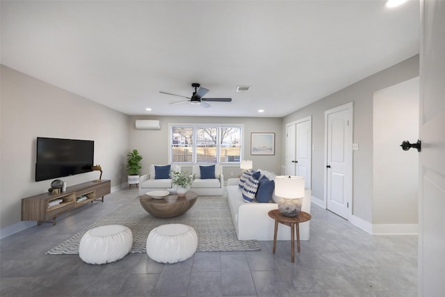 living room with a wall mounted air conditioner and ceiling fan