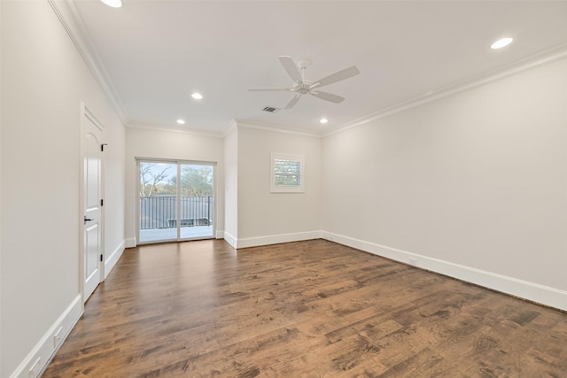 empty room with dark wood-type flooring, ceiling fan, and ornamental molding