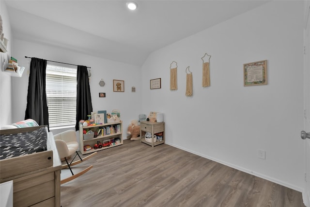 bedroom featuring lofted ceiling and light hardwood / wood-style flooring