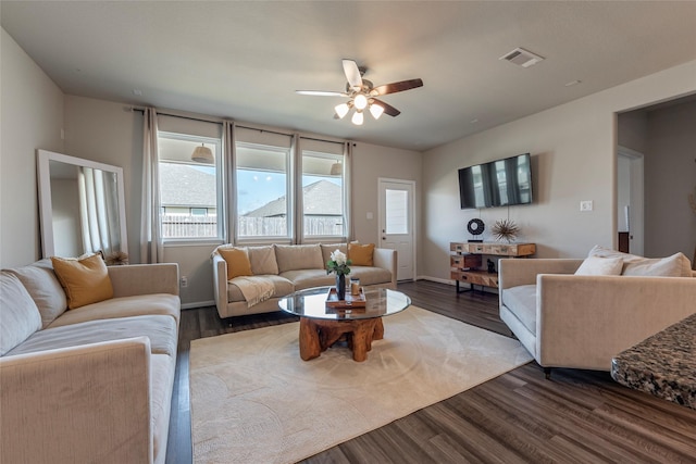 2230 Sand Lily Dr, Texas City, TX 77568 - living room with baseboards, a ceiling fan, dark wood finished floors, and visible vents