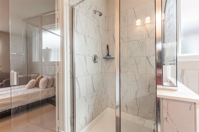 bathroom featuring radiator heating unit and a shower with shower door