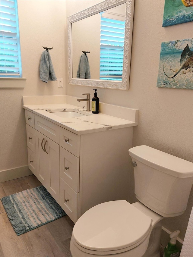 bathroom featuring vanity, wood-type flooring, and toilet