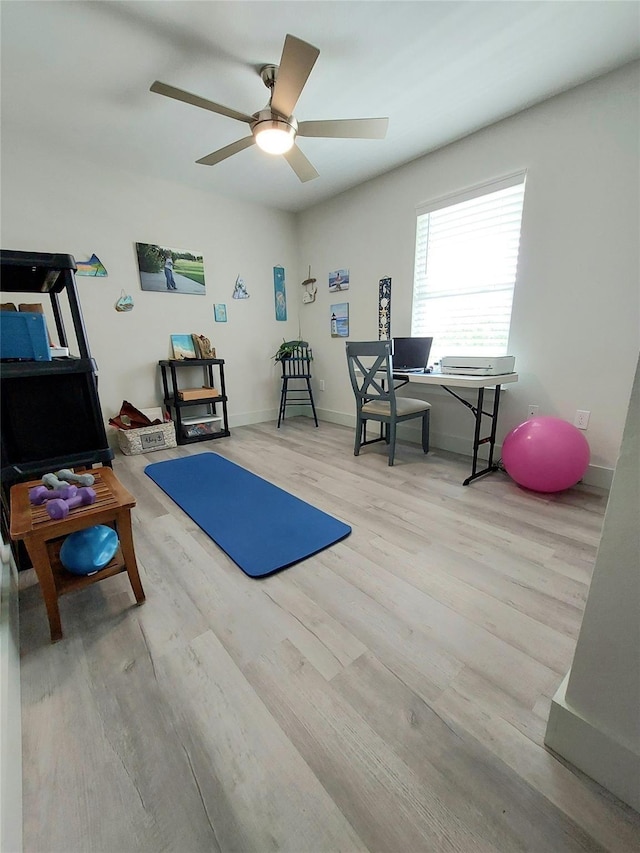 workout room with ceiling fan and light hardwood / wood-style floors