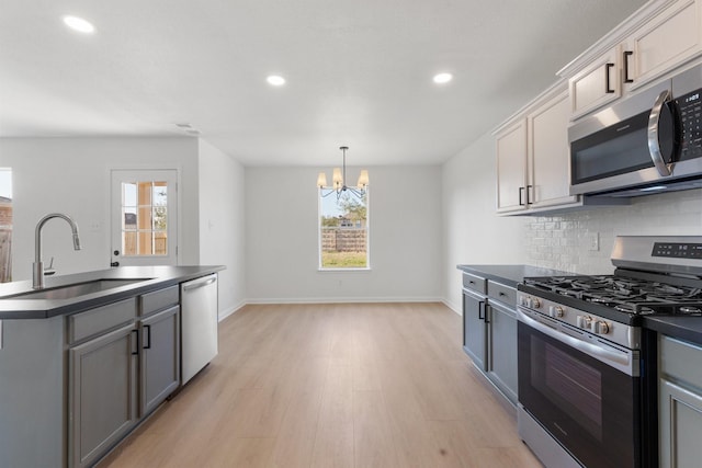 kitchen with pendant lighting, sink, gray cabinets, stainless steel appliances, and tasteful backsplash