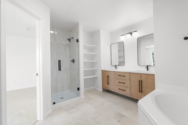 bathroom with vanity and plus walk in shower