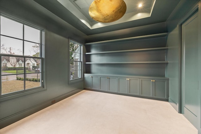 spare room featuring built in shelves and a raised ceiling