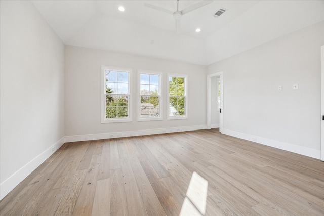 empty room featuring light wood-style flooring, visible vents, baseboards, and recessed lighting