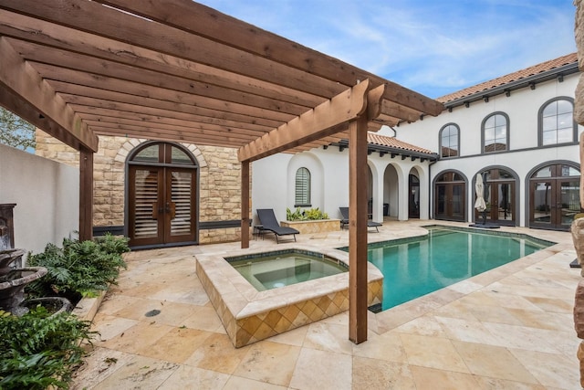 view of pool featuring a patio, a pergola, french doors, and an in ground hot tub