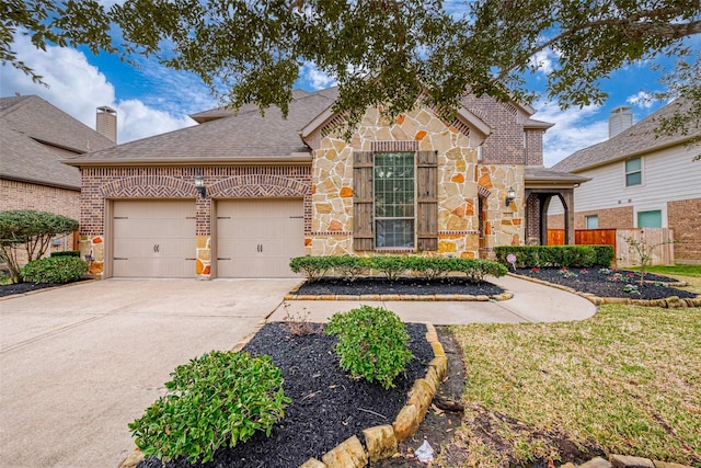 view of front of house with a garage, concrete driveway, brick siding, and stone siding