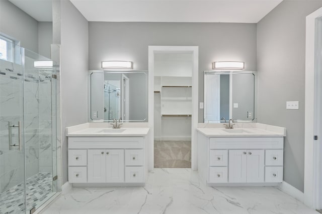 bathroom with vanity and a shower with shower door