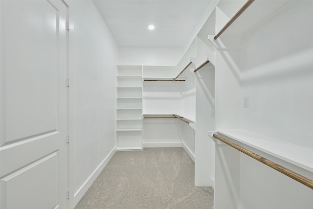 walk in closet with light carpet