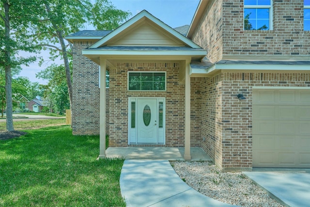 110 Broken Wheel Cir, Conroe, TX 77316 - doorway to property with brick siding, a yard, and an attached garage