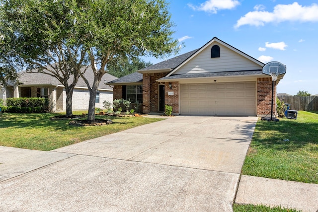 ranch-style house with a garage and a front lawn