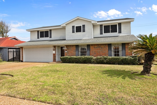 view of front property featuring a garage and a front lawn