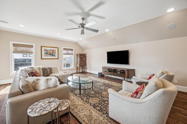 living room with vaulted ceiling, dark wood-type flooring, and ceiling fan