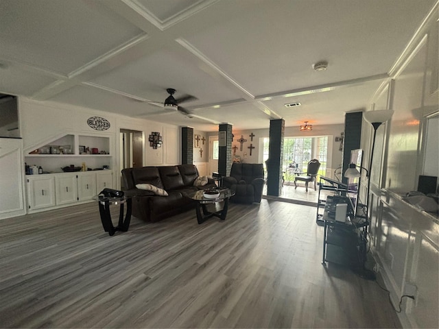 living room featuring hardwood / wood-style flooring, ceiling fan, and coffered ceiling