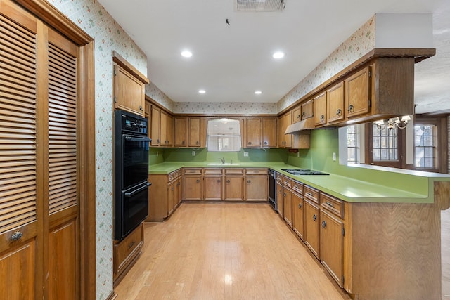 kitchen with sink, light hardwood / wood-style flooring, black appliances, and kitchen peninsula