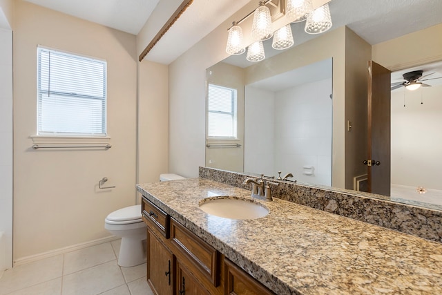 bathroom with tile patterned flooring, vanity, ceiling fan, walk in shower, and toilet