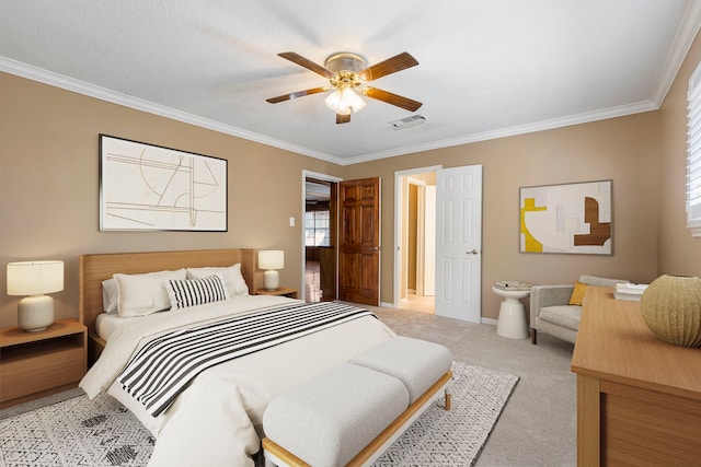 bedroom with ceiling fan, ornamental molding, and light carpet