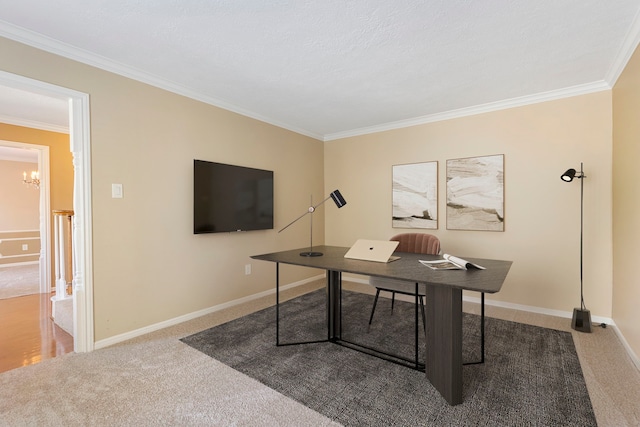 carpeted office with crown molding and a notable chandelier