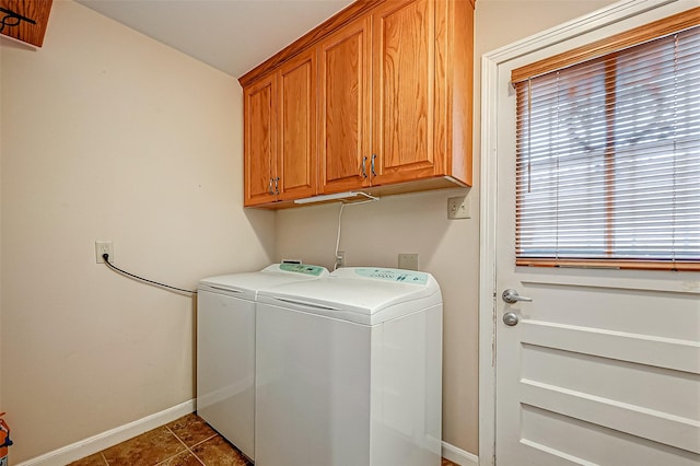 laundry area featuring cabinets, independent washer and dryer, and dark tile patterned floors