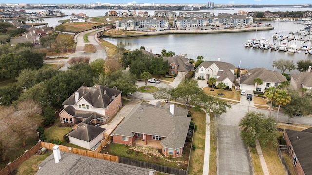 drone / aerial view with a water view