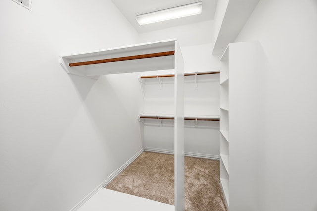 walk in closet featuring light carpet